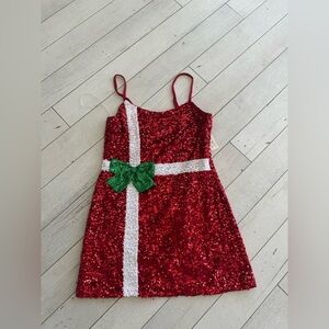 No Boundaries Red Sequin Dress with Green Bow